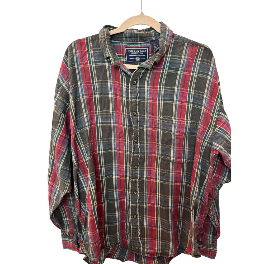 American Eagle Oversize Fit Flannel Plaid Blue And Red Button Down Shirt Mens L
